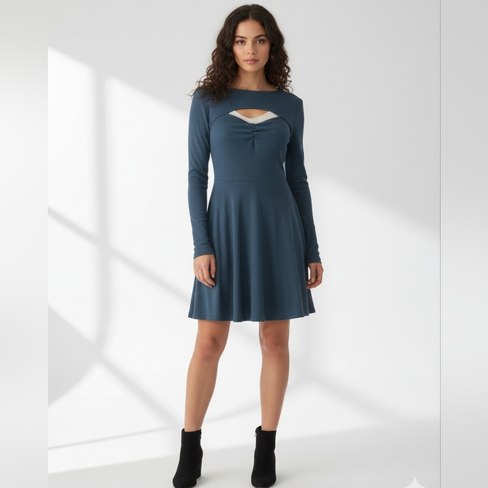 Lily Rose Cutout Long Sleeve Fit & Flare Dress Slate Teal M